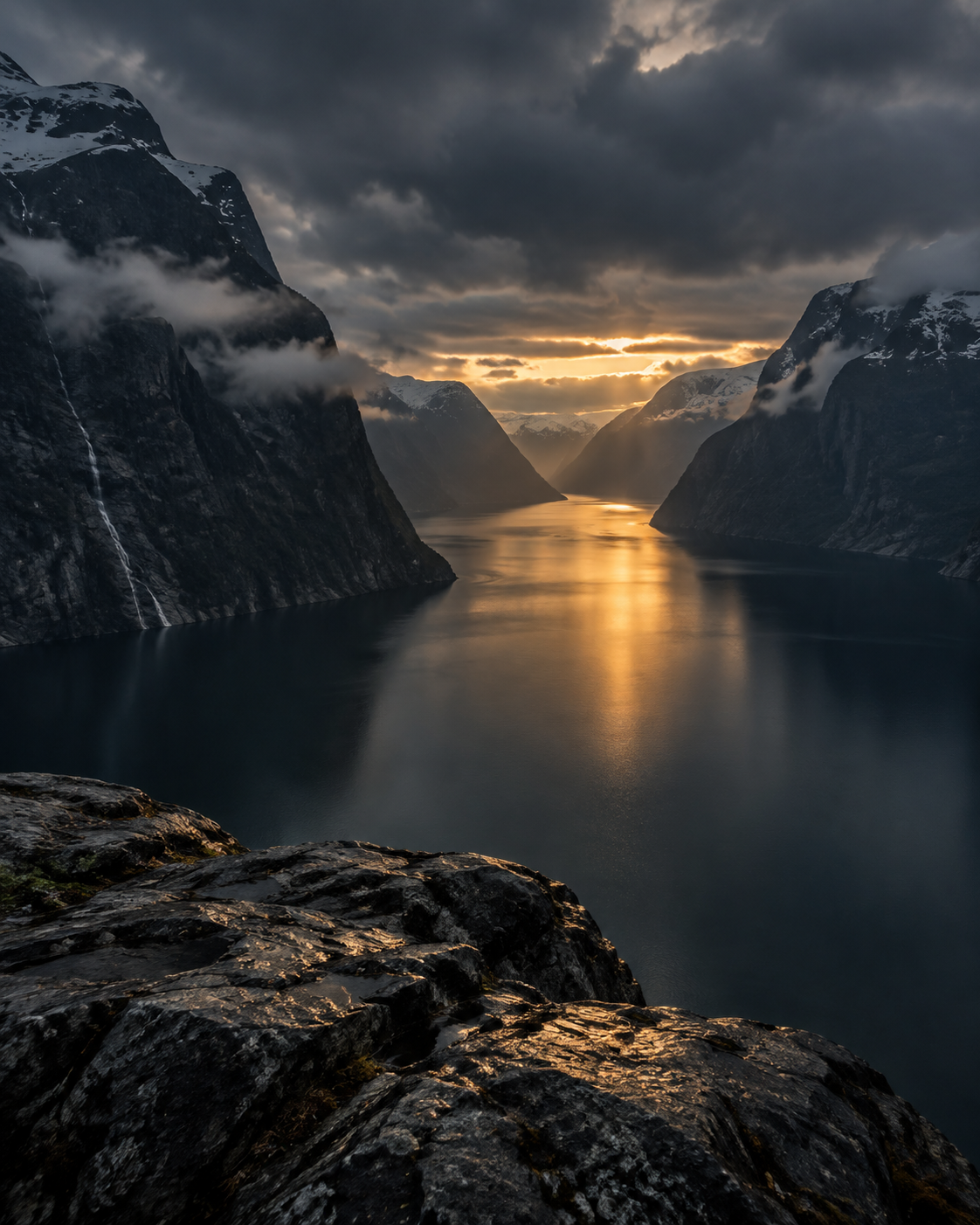 Nordisk fjord i skymning, branta berg som störtar ner i stilla vatten och ett smalt band av gyllene ljus vid horisonten